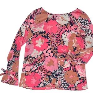 Talbots Pink Floral Long Tie Sleeve Blouse Faux Button Back
